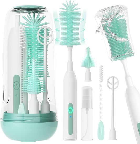 Electric Bottle Brush Cleaner,Rechargeable Baby Bottle Cleaning Kit with Formula Mixer, Silicone Nipple&Straw Brush, Soap Dispenser, Drying Rack-Ipx7 Waterproof,Long Battery Life for Home & Travel